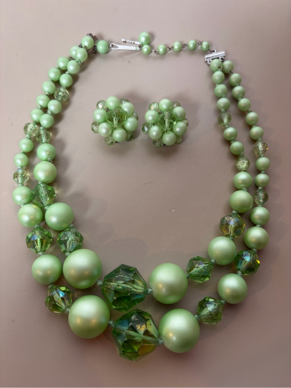 Vintage Costume Jewelry Double Strand Moonglow Necklace/Earring Set W. Germany